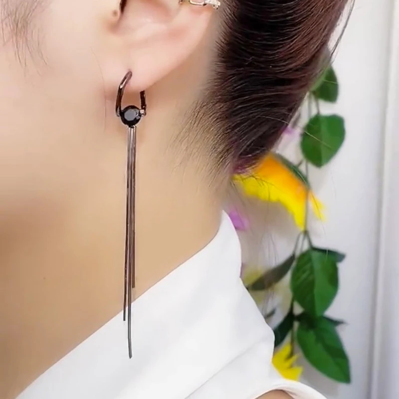 Unique Design Black Crystal Long Tassel Earrings for Women 2023 New Fashion Temperament Personality Cool Girls Party Jewelry