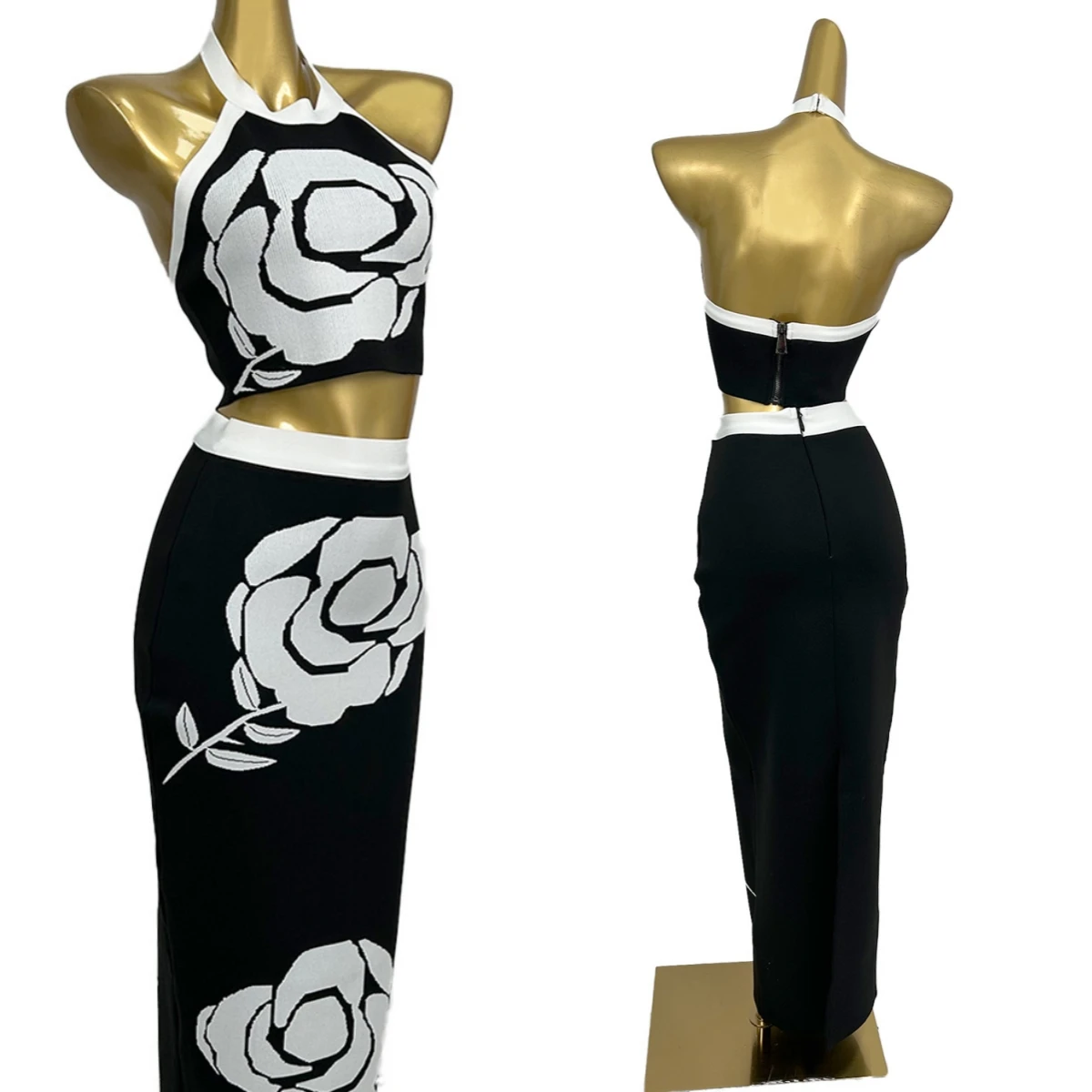 Women Sexy Backless Halter Rose Jacquard Crop Tops 2Piece Set Bandage Set Celebrity Designer Evening Party Women's Sexy Dress