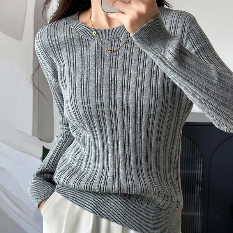 

Spring/Autumn 100% Cotton Women's Sweater Casual Stripe Knitted Pullover Long Sleeve Slimming Round Neck Tops Pull Blouse