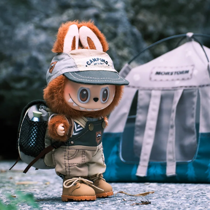 Original 17cm For Labubu Camping Outfit Set Mountain Style Cap Overalls Backpack Trendy Doll Clothes For Collectible Camping Toy