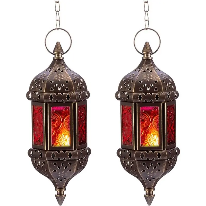 AB34-4 Pcs Hanging Hexagon Decorative Moroccan Candle Lantern Holders, Handmade Hanging Tea Light Holder