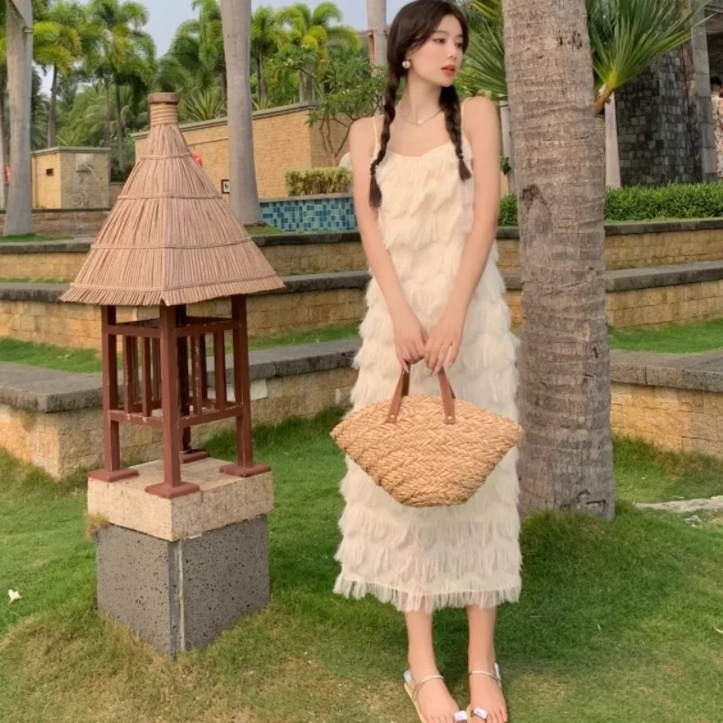 

Casual Patchwork Tassel Dress Wave Suspender Long Skirt Beachwear Dress Sleeveless Bohemia Party