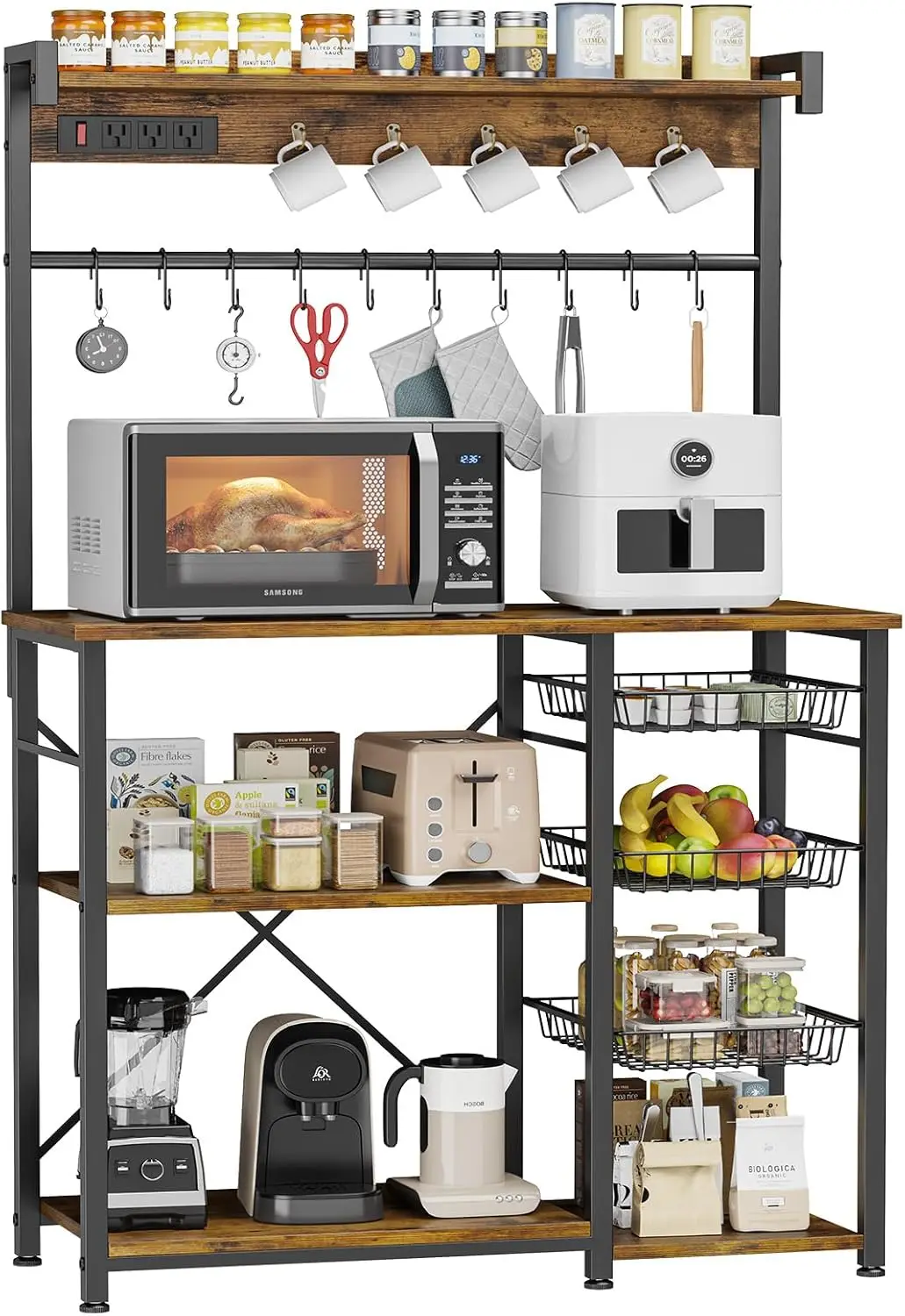 Large Bakers Rack with Power Outlets 38.8 Inches, 15 Hooks Coffee Bar with 3 Wire Basket, Microwave Stand Kitchen Storage Shelf