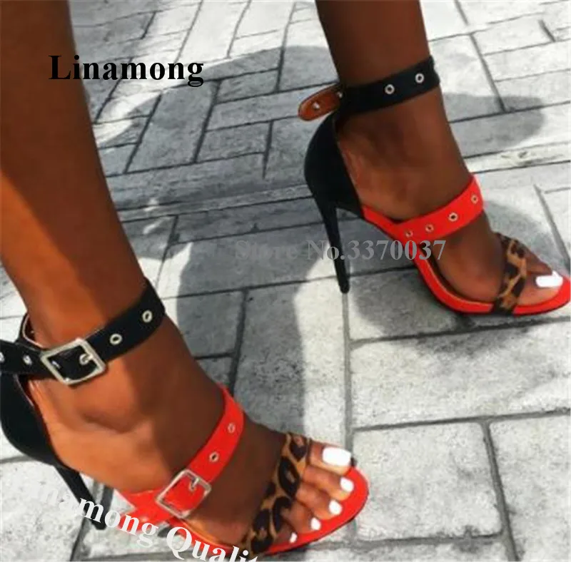 

Leopard Patchwork Sandals Linamong Newest Summer Mixed-colors Buckles Decorated Stiletto Heel Gladiator Sandals Party Shoes