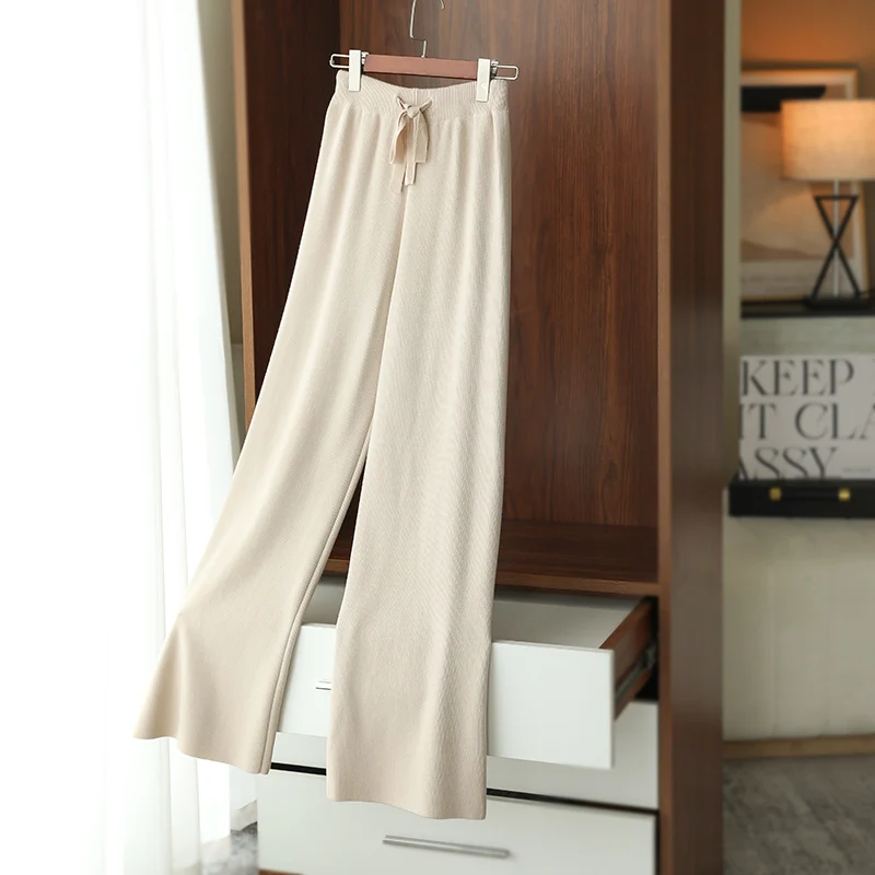 Women Pants Winter New Soft Waxy Comfortable High-Waist Cashmere Knitted Pants Female Solid Color Casual Wide Leg Pants Spring