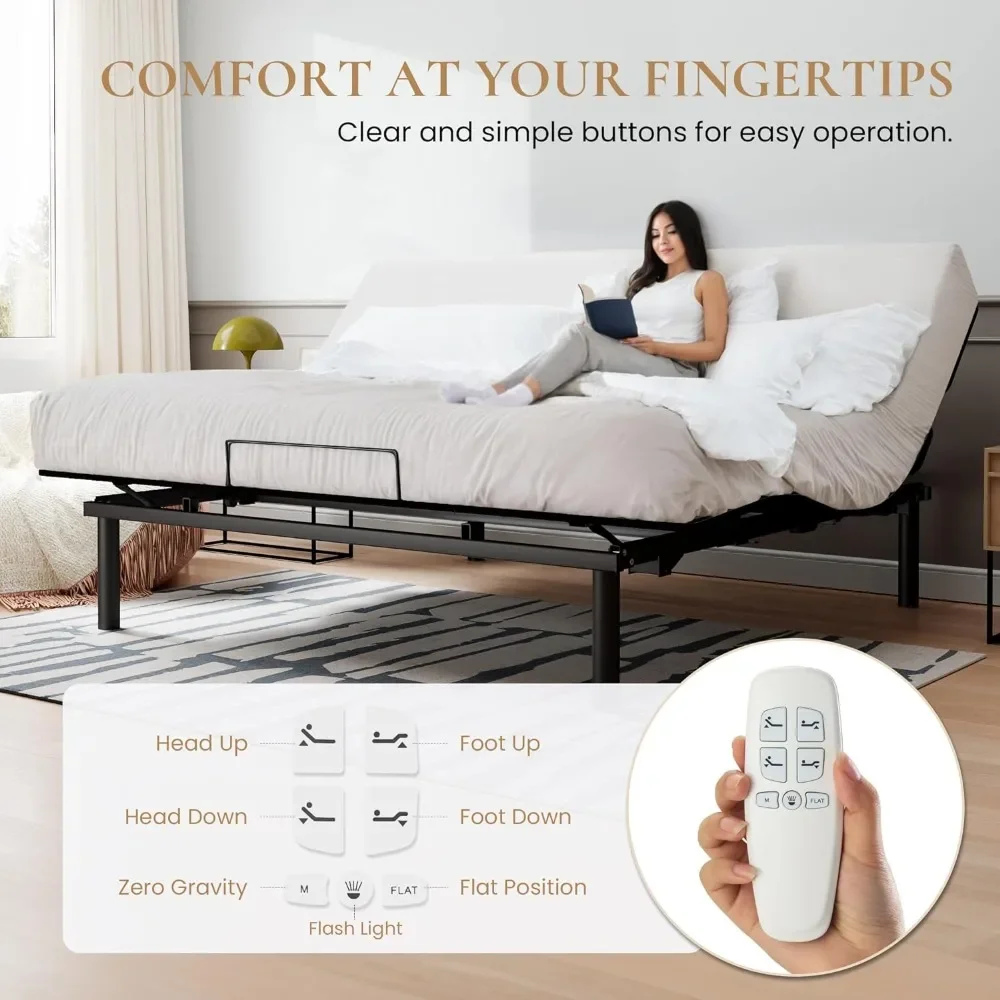 Ergonomic Adjustable Bed Base King Size, Independent Head and Foot Incline, Wireless Remote Control with Quiet Motor Bed Bases