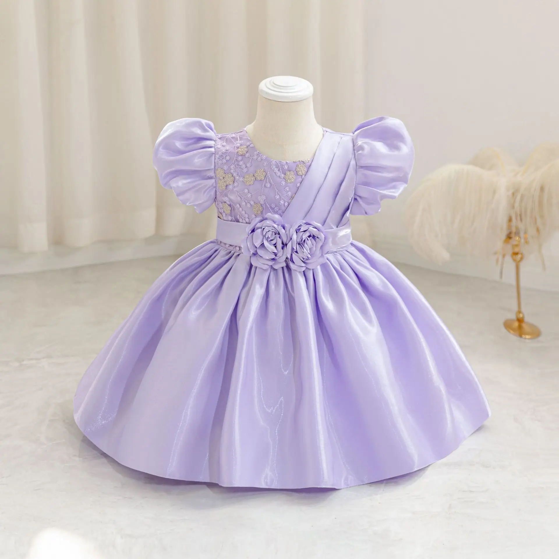 

Girls' baptismal dress, children's puffed sleeve satin dress, big flower girl puffy dress, wedding party dress, princess dress