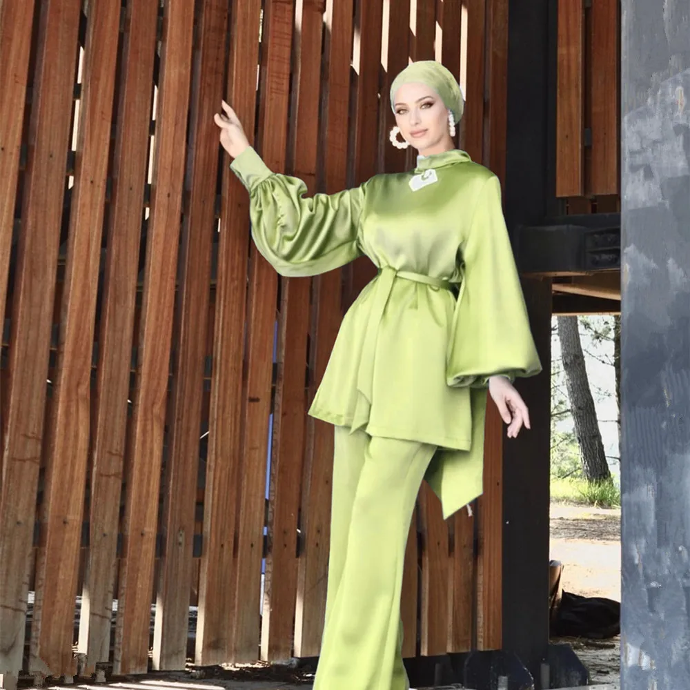 Satin Turkey Two Piece Sets Trousers and Tunic Top Solid Color Elegant Pants and Blouse Set Lady Muslim Woman Outfit Ramadan Eid