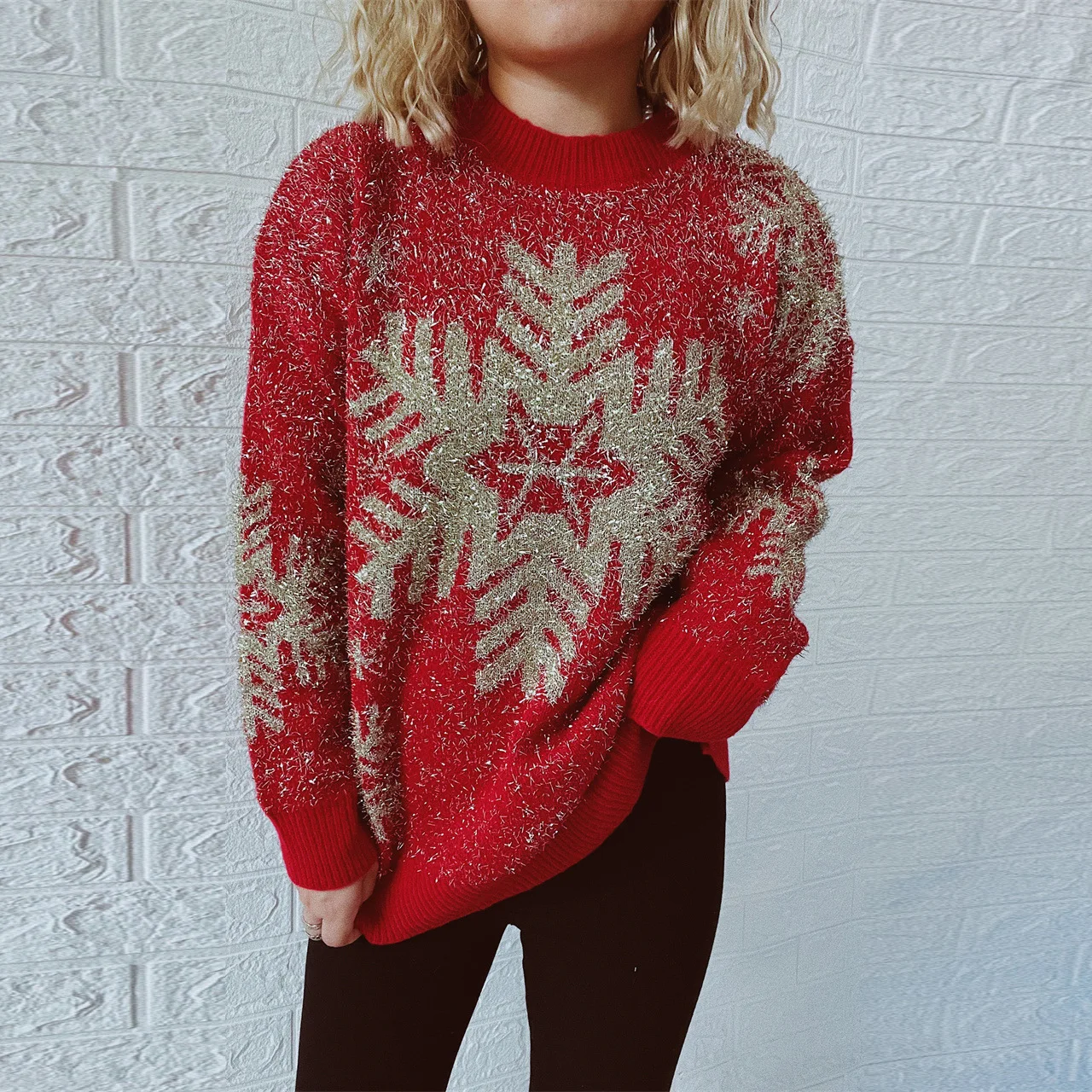 New Year Holiday Pullover Sweater with Gold Thread Brushed Jacquard Big Snowflakes Reindeer Christmas Sweater for Women