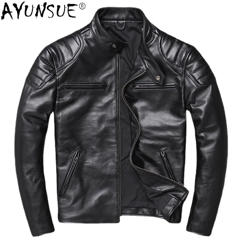 

AYUNSUE 2021 Genuine Leather Jacket Men Winter Motorcycle Coats Biker Clothes Streetwear Fit Real Cow Leather Coat Man Chaqueta