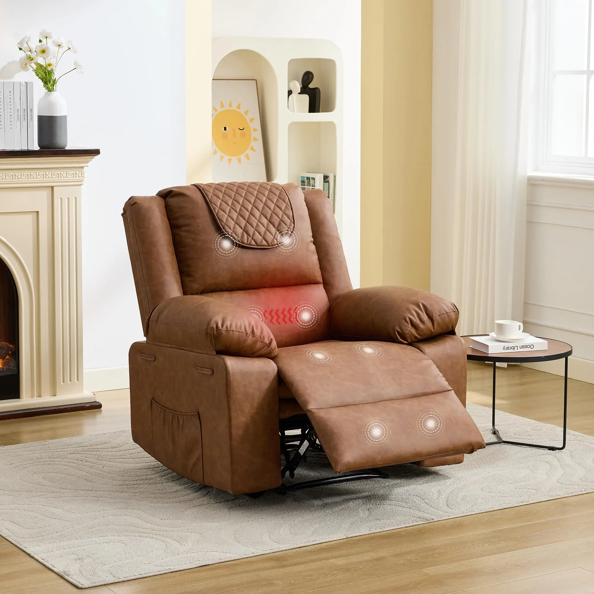 PU Leather Recliner Chair – Eight-Point Vibration Massage & Heating, Manual Single Sofa, Side Pockets, Q235 Steel Frame, 57CM Wide Seat, Compact for Small Spaces