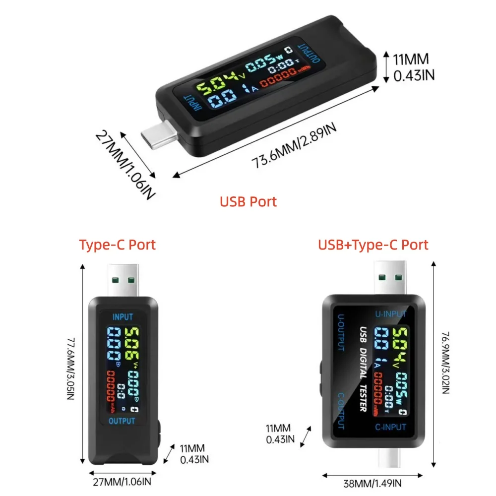 DC 4.5–36 V, 0–8 A LED Digital Voltmeter and Ammeter, Battery Capacity Tester, Featuring USB and Type-C Ports