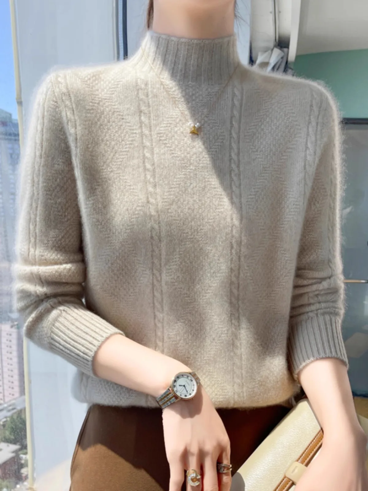 

Женский вязаный шерстяной свитер на осень-зиму с высоким воротником, свободного кроя, универсальный, комфортный базовый элемент гардероба