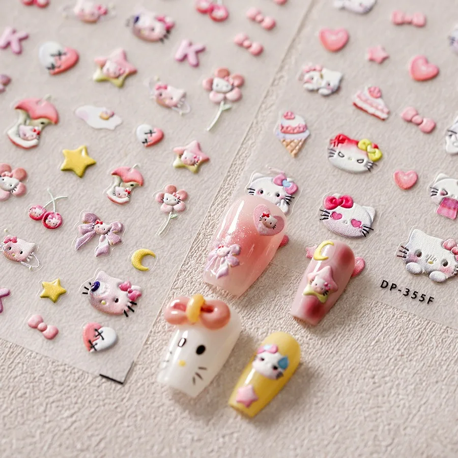 1 Uds. Nuevos adhesivos 5D para uñas Sanrio Hearts Hello Kitty decoración avanzada para uñas dibujos animados Kuromi Melody pegatinas para