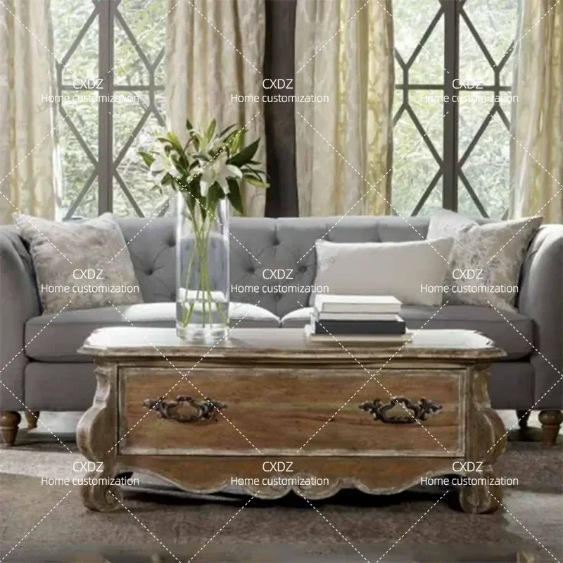 Rural Solid Wood Coffee Table Retro Rectangular Oak Tea Table Nordic Simple Style Customizable Living Room Furniture
