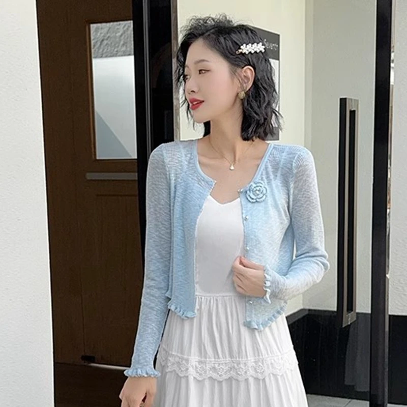 

Женский вязаный открытый кардиган Long Sve с кондиционером Лето Весна Цветочный Ele Sle Верхняя одежда Полиэфирное волокно