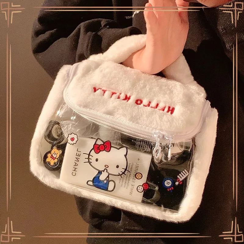 

Kawaii Hello Kitty Plush Makeup Bag Large Capacity Handheld Storage Bag Cute Cartoon Anime Women Supplies Student Wholesale