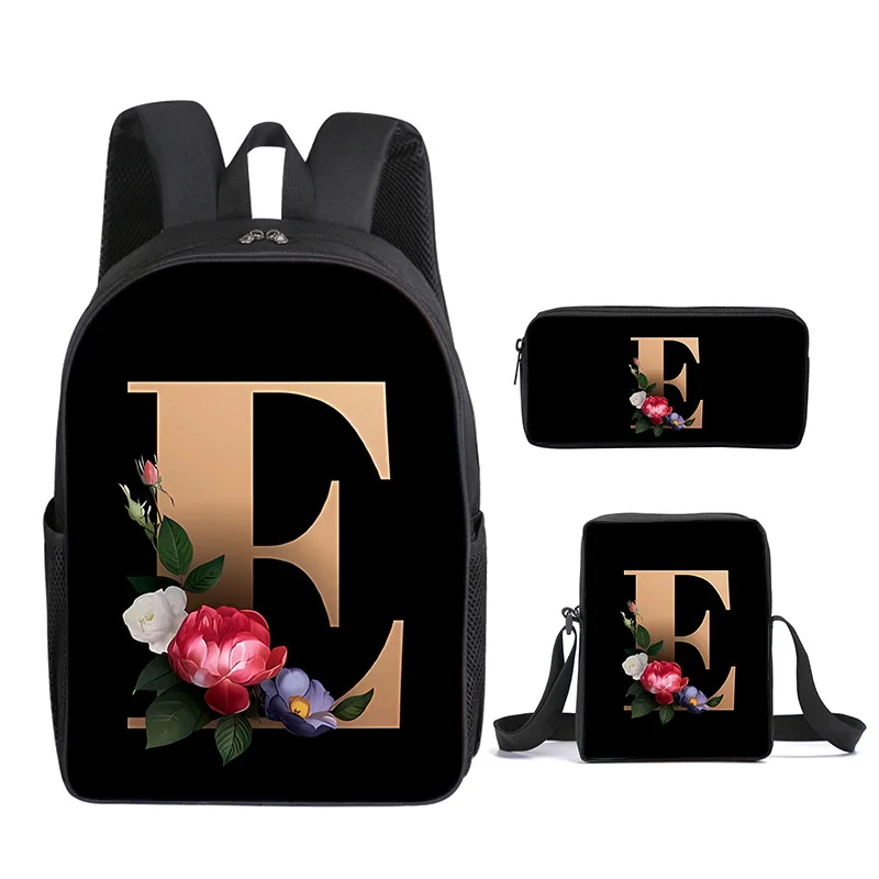 Classic Popular Flower letters A-Z 3D Print 3pcs/Set pupil School Bags Laptop Daypack Backpack Inclined shoulder bag Pencil Case