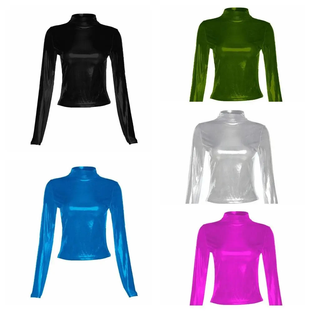 Bronzing Long Sleeve Tops Casual T-Shirts Bright Color Slim Cropped T Shirt Y2k Clothes Fall Clothing Turtleneck Tops Ladies