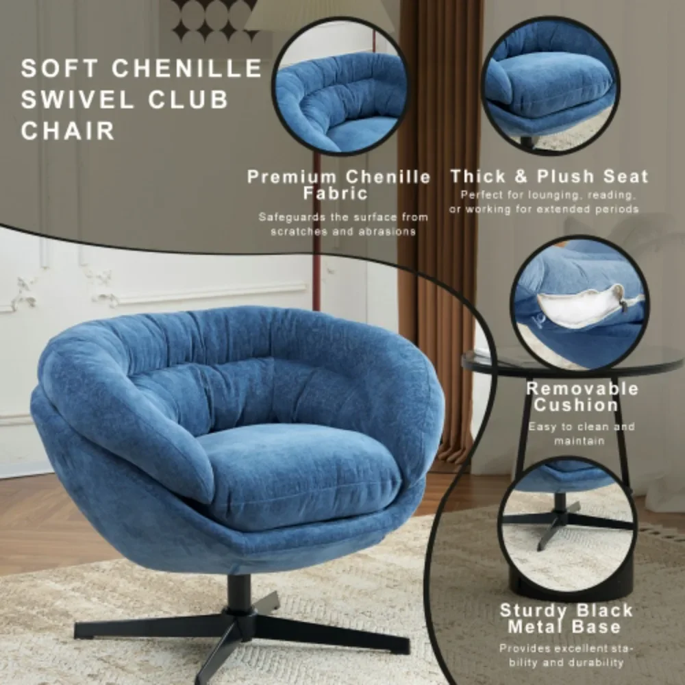 360° Swivel Accent Chair with Removable Cushion, Round Office Chair, Black Metal Base, Modern Chenille Chair for  Living Room