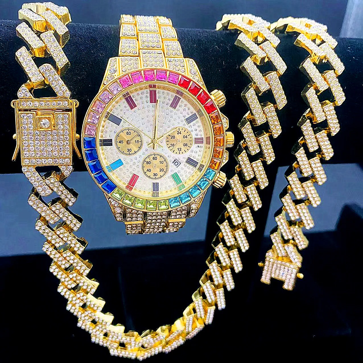 

Hip Hop 15MM 3PCS KIT Color Full Watch Necklace Bracelet Bling Crystal AAA Iced Out Cuban Rhinestones Chains for Men Jewelry Set