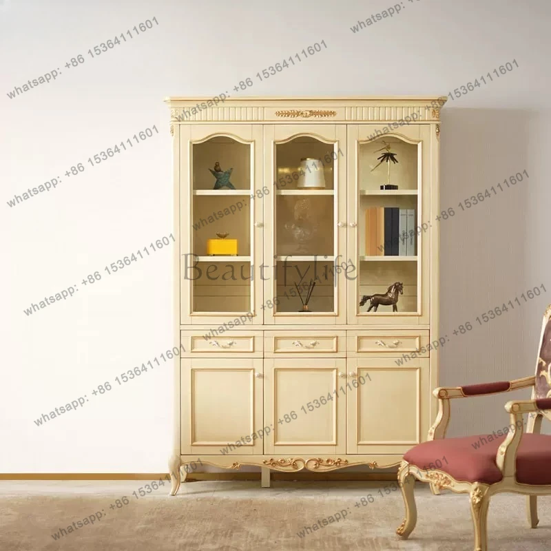

French solid wood with glass door custom living room integrated whole wall American vertical cabinet