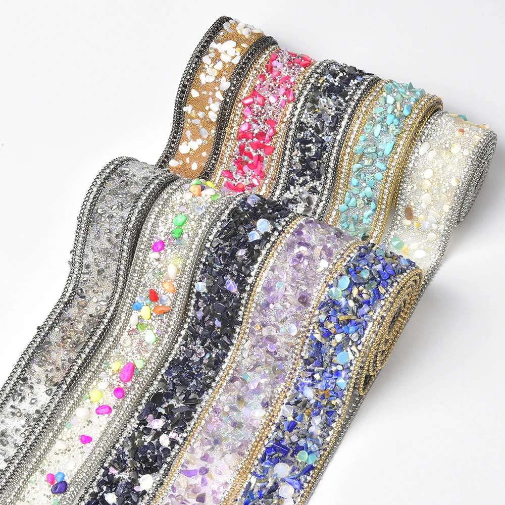 3.5cm Wide Colorful Chain Hot Fix Rhinestone Trim Caviar Beads Tape Diy Clothes Belt Decoration Iron On Applique Accessorie