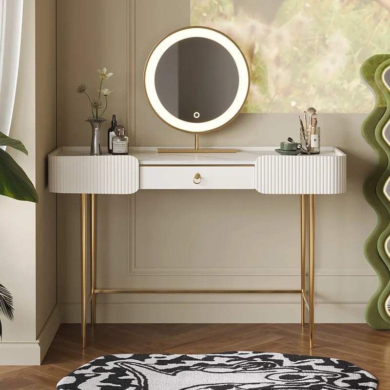 

Nordic Mirror Vanity Dresser Luxury Led Lights Storage Bedroom Dressing Table Modern Women Tocador De Maquillajes Room Furniture