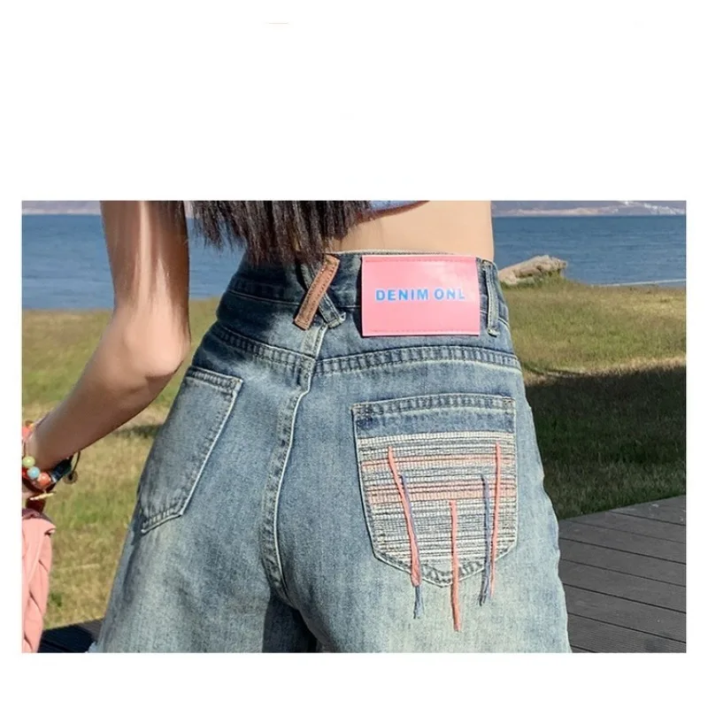 Summer New Distressed Fashion Casual Loose Sexy Preppy Style Sweet Denim Shorts Commuter Button Zipper Panel Printed Pants