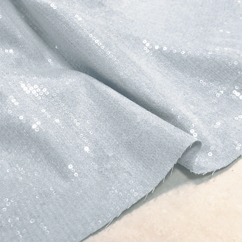 Light Blue Pink White Thin Denim Transparent Small Sequins Fashion Fabric, Coat Skirt Sequin Denim Fabric