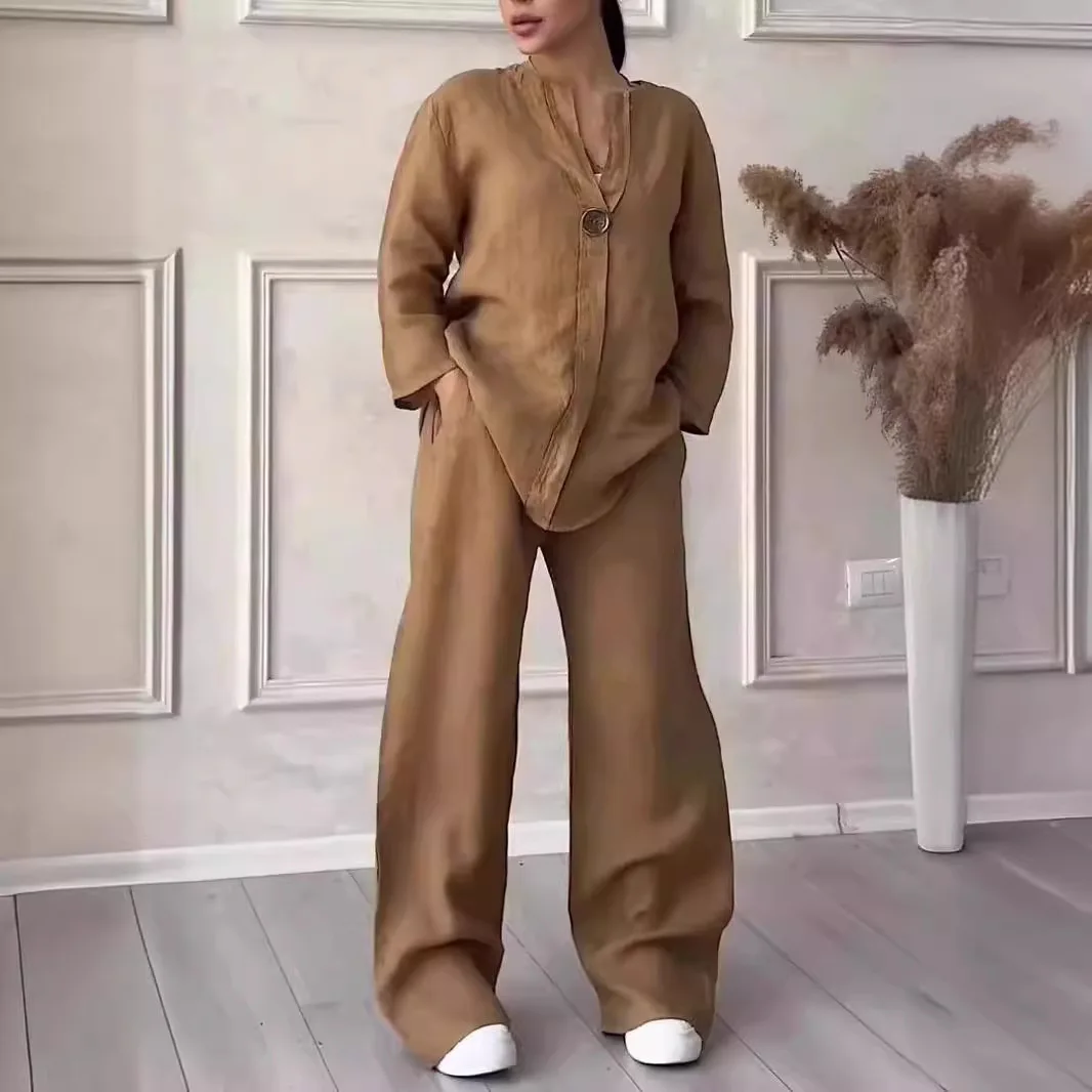 Muslim Sets Women 2 Piece Suit Shirt Wide Leg Pants Outfits 2025 Ensemble Button Lace Up Elastic Waist Blouse Straight Trousers