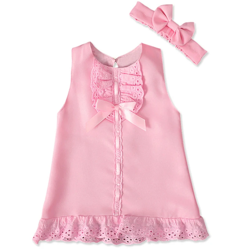 

2Piece Summer Outfits Baby Clothing Set Toddler Girl Dresses Fashion Lace Sleeveless Princess Dress+Headband Kids Clothes BC233