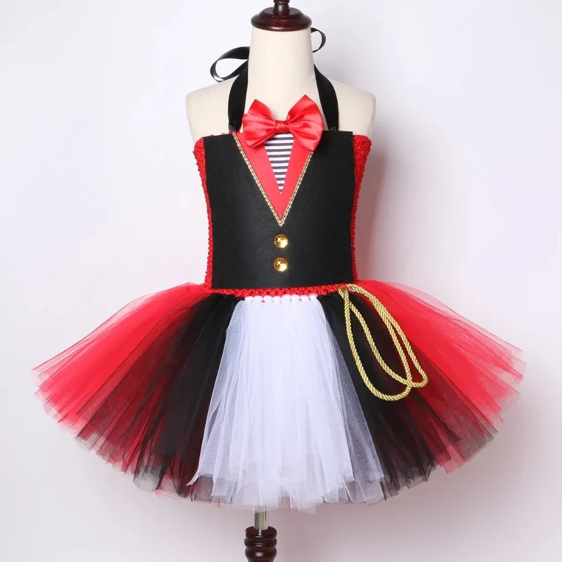 Circus Ringmaster Costume For Kids Girls Marching Band Uniform Halloween Cosplay Fancy Dress Up Long Sleeve Tassel Tutu Dress