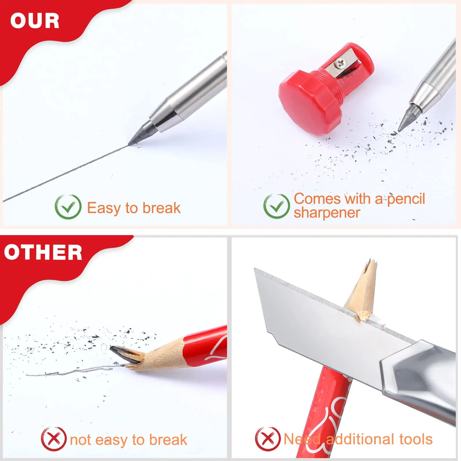 Solid Carpenter Pencil with Refill Leads and Built-in Sharpener for Deep Hole Mechanical Pencil Marker Marking Woodworking Tools
