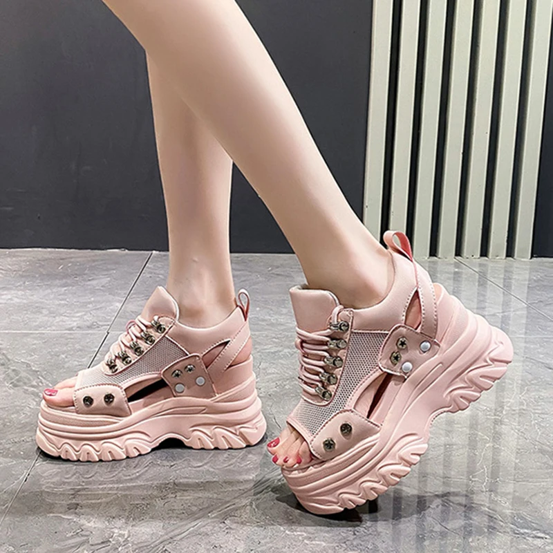 Summer Sexy Lace Up Sandals Wedges Shoes Breathable Wedges 8CM High Heels Ladies Beach Mesh Slippers Chunky Rome Shoes 34-39