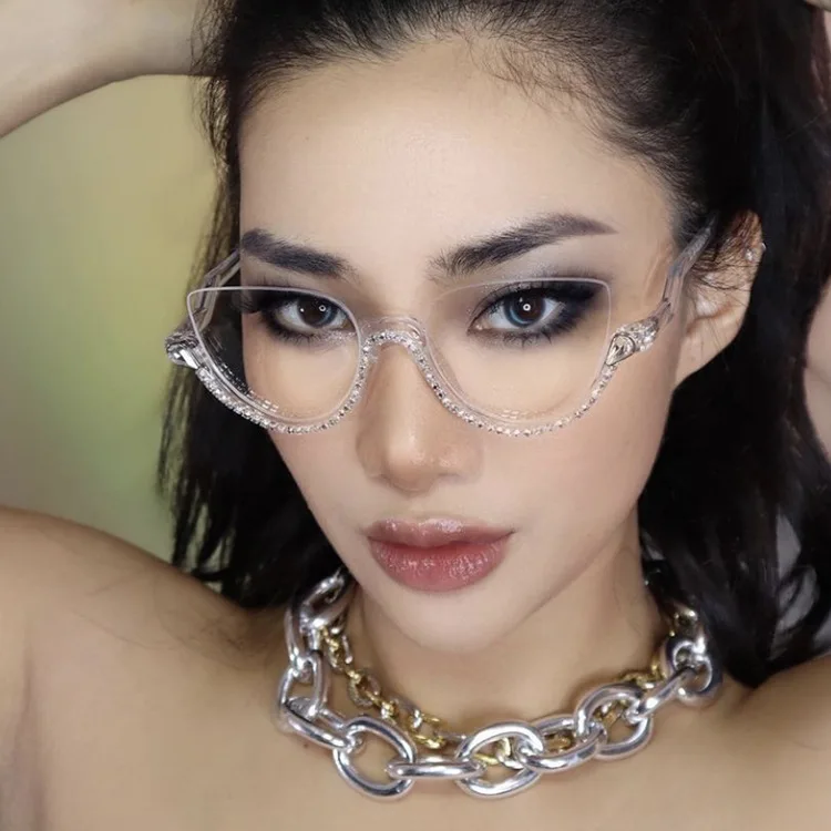 Damen Anti-Blaulicht-Halbrahmen-Imitationsdiamant-Flachbrille, transparenter Rahmen, modische Schutzbrille