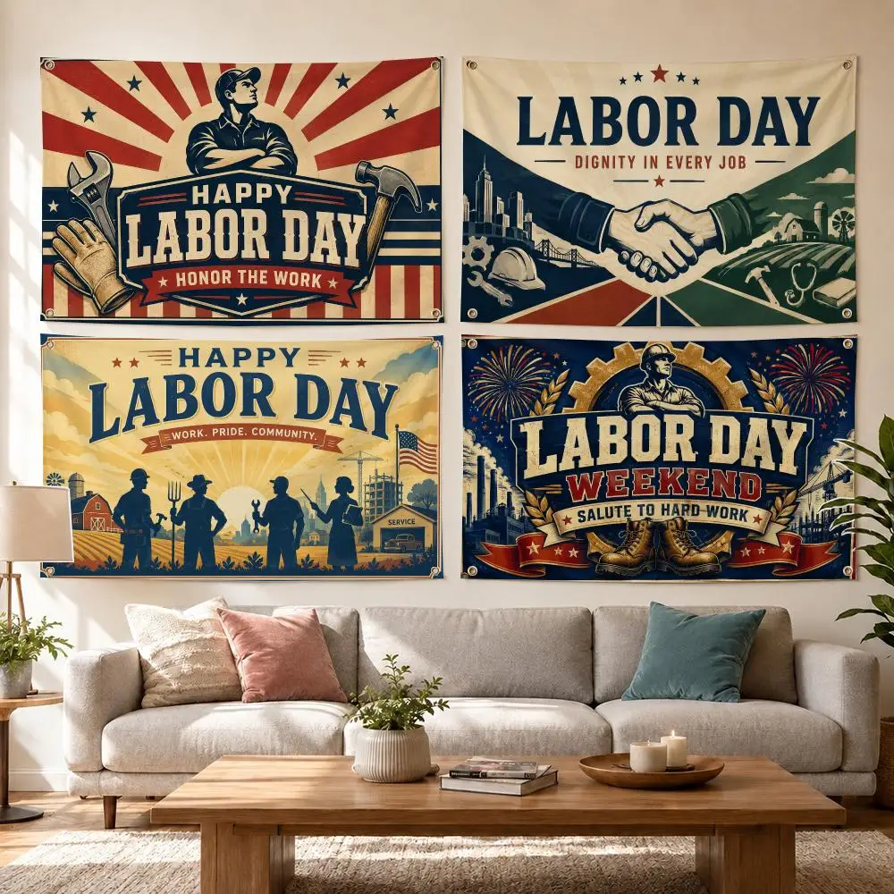 Happy Labor Day Worker Celebration Flags Decor Garage Flags for Bedrooms Outdoor Decor Tapestry Flaga Advertising Barber Shop