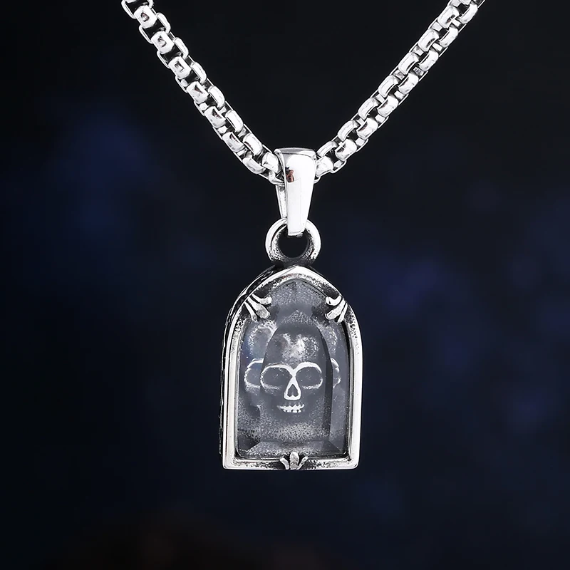 316L Stainless Steel Skull Pendant Necklace With Glass Charm Unisex Personality Couple&Wedding Gift Jewelry Fashion Accessory