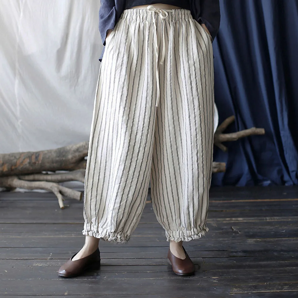 

Artistic Cotton Linen Pants Striped Casual Pants Women's Spring Summer Stretch Belt Wide Legs Baggy Conical Harem Lantern Pants