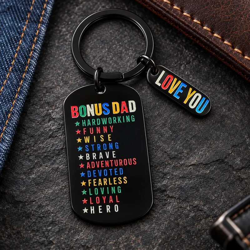 Bonus Dad Keychain Bag Charm, Black Metal Dog Tag Key Ring Pendant, Handbag Backpack Accessory, Appreciation Gift for Step Fathe