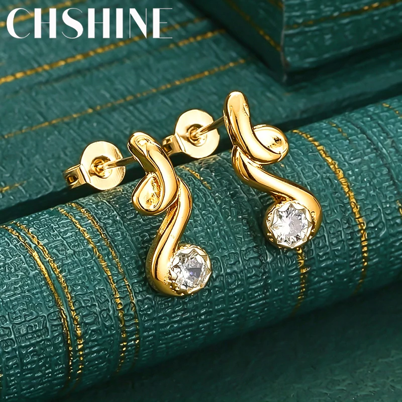 925 Sterling Silver 18K Gold Musical Note Zircon Stud Earrings for Women Fashion Wedding Party Jewelry