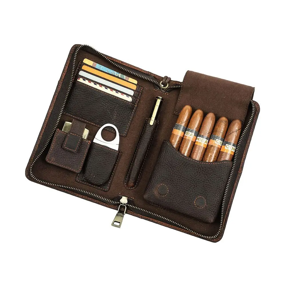 Portable Travel Genuine Leather Cigar Tube Holder Classic Design Zipper Storage Bag with Humidor Features