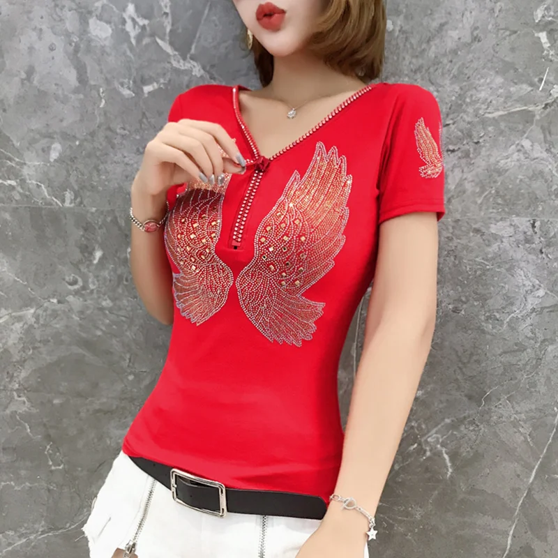 여성용 V넥 지퍼 힙합 티셔츠, 섹시한 캐주얼 기본 티셔츠, 다이아몬드 코튼 반팔, #7103 스트리트웨어