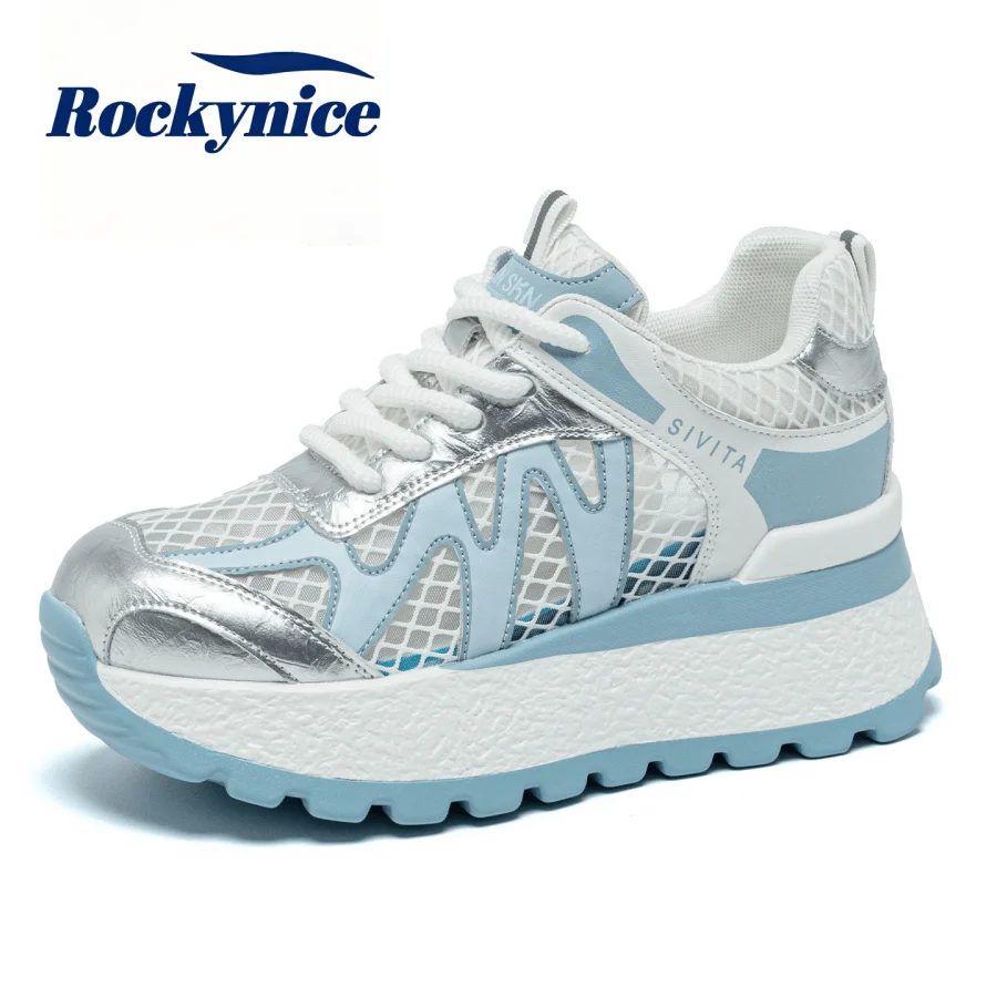 7CM Heels Women Summer Air Mesh Shoes Hollow-out Chunky Sneakers Breathable Microfiber Leather White Shoes Platform Sports Shoes