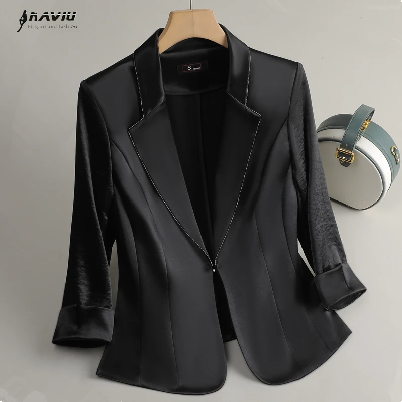 

NAVIU Elegant Women Blazer New Spring Summer Temperament Formal Slim Half Sleeve Jacket Office Ladies Work Coat Black Pink White