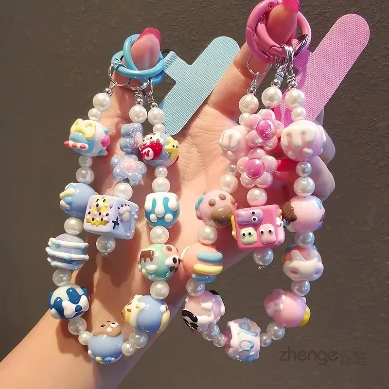 Candy Colored Graffiti Cartoon Bead Phone Charm Luxury Phone Case Chain Handmade DIY Decoration Cute Hanging Rope Cute Lanyard