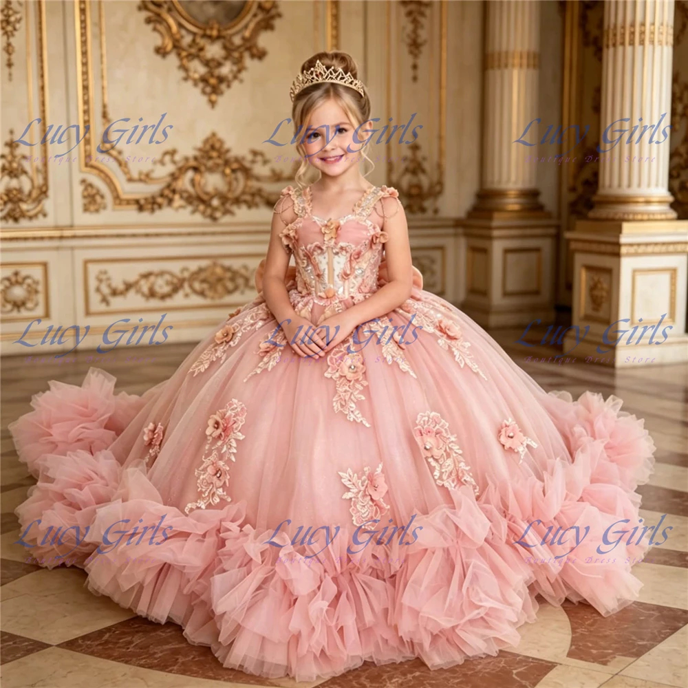 New Layering Flower Girl Dress Sequin Gold Applique Wedding Dresses for Girls with Bow Off Shoulder First Communion Dresses