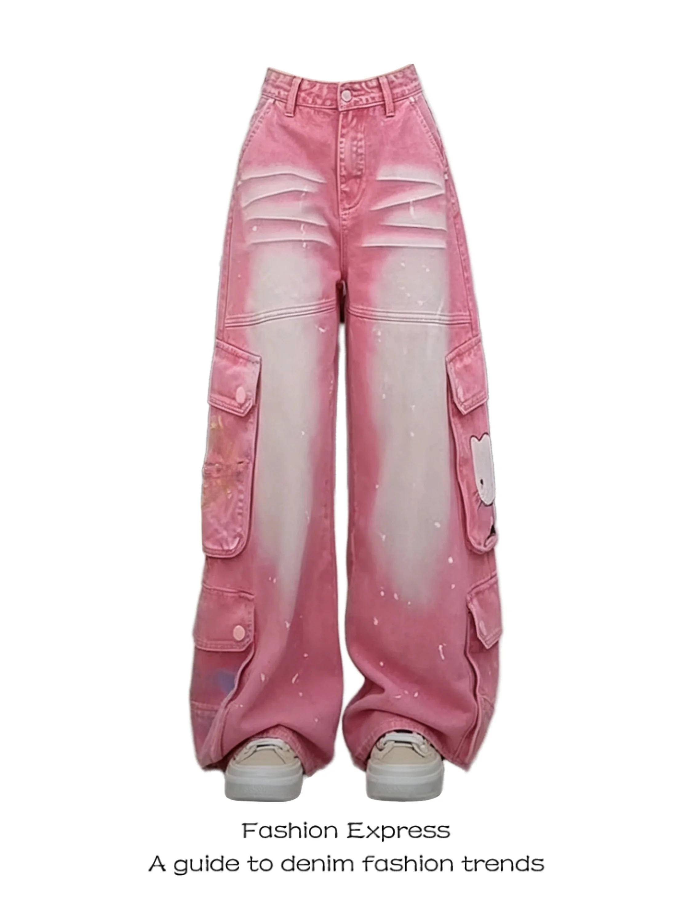 

Pink Workwear Denim Jeans Women Summer Washed Relaxed Hole Design Casual Pants Cool Sweet Spicy Style High Waist Wide Leg Jeans