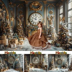 Christmas Photography Background Gold Clock Xmas Tree Decor Family Portrait Backdrop Winter Kid Birthday Indoor Palace Booth