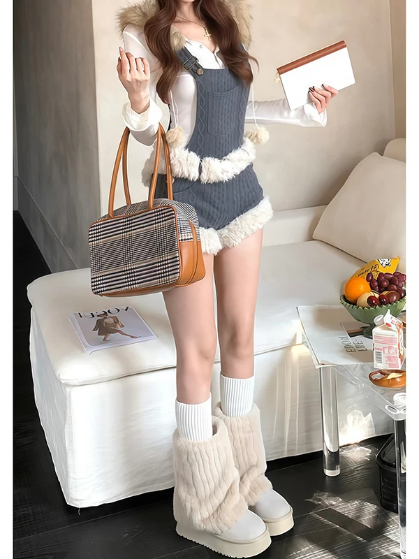 

Ретро-комбинезон из плюша в американском стиле для женщин: осенне-зимняя новинка, модные вязаные брюки с бахромой, цельный комбинезон